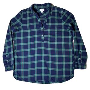J Crew Womens Small 100% Cotton Flannel Shirt Navy Green Tartan Plaid Popover